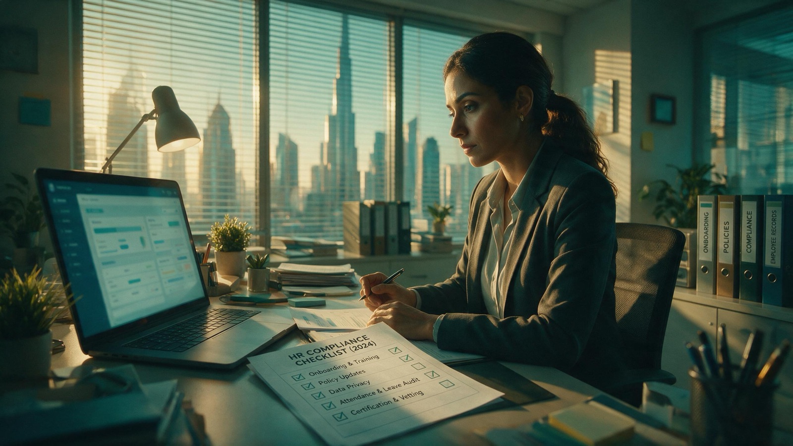 HR manager in a Dubai office reviewing a recruitment campaign checklist