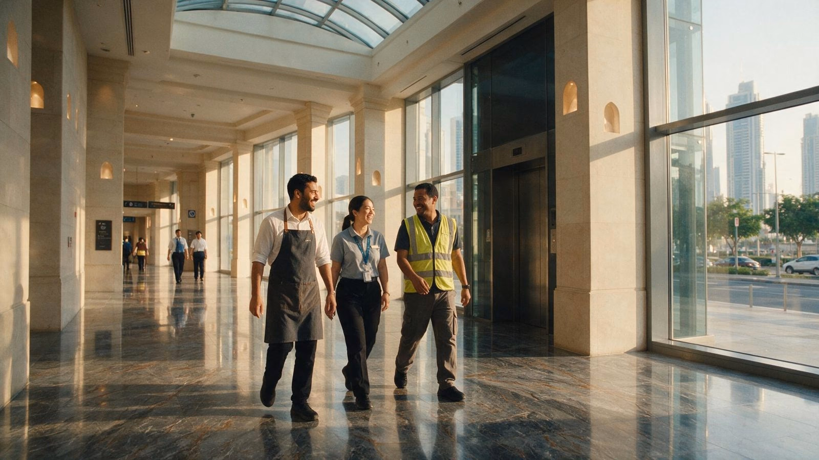 Diverse frontline team walking through a Dubai mall corridor