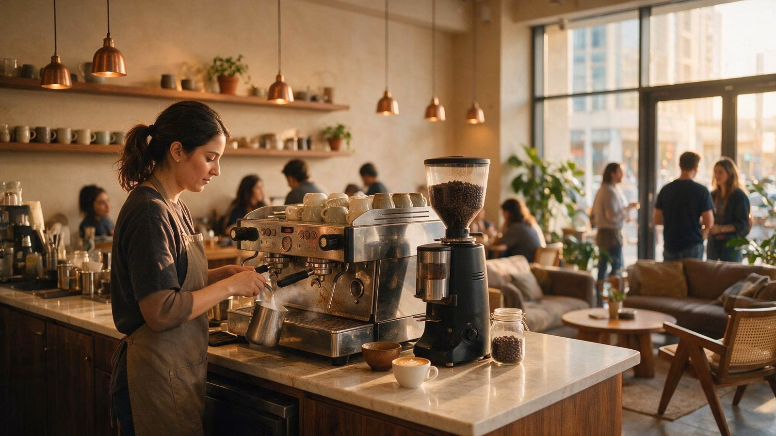 Barista steaming milk during morning rush in a Dubai cafe